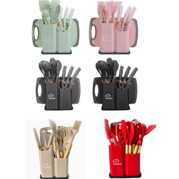 KIT COMPLETO JOGO UTENSÍLIOS de Cozinha Luxo 19 Peças Com Tábua em Silicone Espátula Faca Tesoura