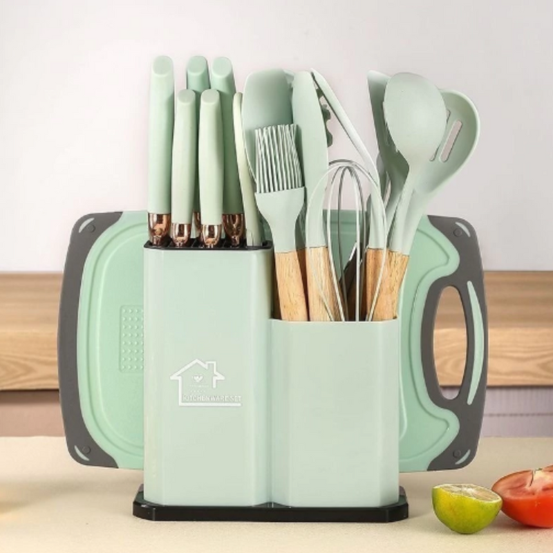 KIT COMPLETO JOGO UTENSÍLIOS de Cozinha Luxo 19 Peças Com Tábua em Silicone Espátula Faca Tesoura
