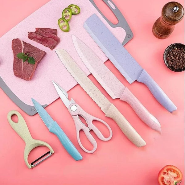 JOGO DE FACAS GOURMET COLORIDA + Tesoura E Descascador – 06 Peças