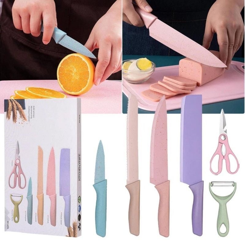 JOGO DE FACAS GOURMET COLORIDA + Tesoura E Descascador – 06 Peças